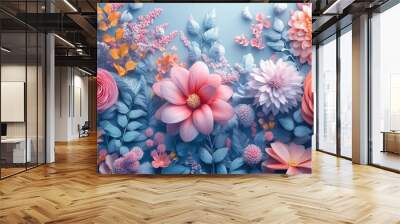 A vibrant floral arrangement featuring a mix of colorful flowers against a soft blue background for a fresh and serene look. Wall mural