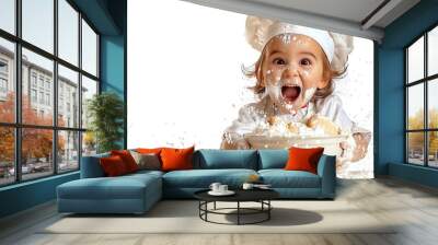 A young child wearing a chef's hat is covered in flour Wall mural