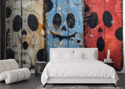 Three wooden sticks with faces painted on them, one blue, one red, and one white Wall mural