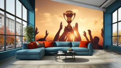 The happy man and teenager joined the boy in a celebration of their soccer game, where teamwork led to winning the sport's trophy. man, soccer, sport, happy, celebration, game, teamwork, trophy, boy Wall mural