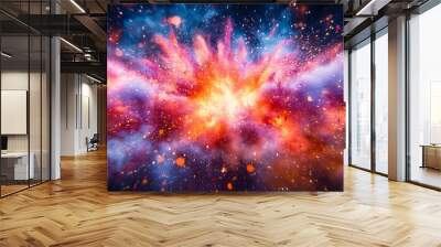 A vibrant explosion of colors dances across a textured wall, creating a dynamic abstract masterpiece. Wall mural