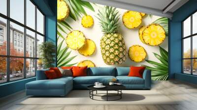 A whole pineapple, surrounded by sliced segments and palm leaves, creates a vibrant tropical scene. Wall mural