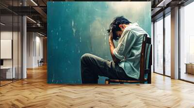 A young man sits on a wooden chair with his head in his hands, a sad and depressed expression, blue watercolor background Wall mural