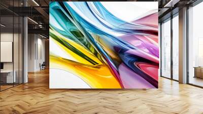 Abstract art with smooth, multicolored glass curves reflecting on a white background.  Wall mural