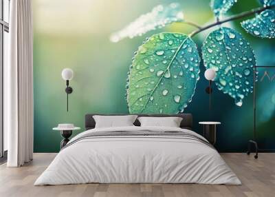 Beautiful details of nature. Morning dew drops on fresh green leaf. Summer nature macro pattern, fresh rain drops on green leaf. Peaceful tranquil ecology Beauty in nature. Relaxing soft blue-green. Wall mural