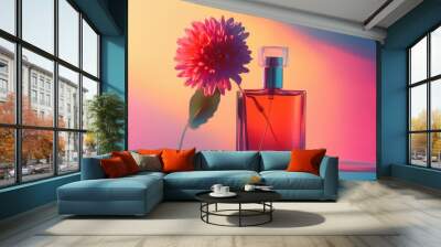 Bottle perfume flower on a colored background. Wall mural