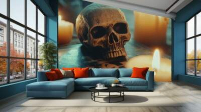 Creepy skull on a Ouija board with candles Wall mural