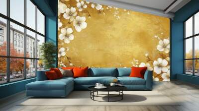 Elegant gold wallpaper with white flowers for modern decor. -- Wall mural