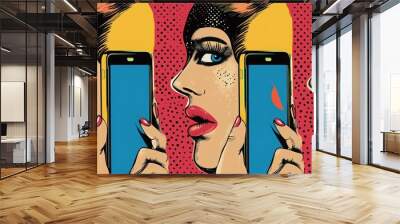 Face id smartphone parasite, woman and Internet addiction. Pop art retro vector vintage illustrations Wall mural