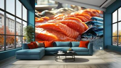 Fresh fish sale captured at a coastal market, emphasizing the vibrant atmosphere and variety available. The fresh fish sale scene includes ample space for text and design elements. Wall mural