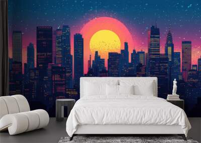 Night modern city with skyscrapers. Pop art retro vector illustration vitch vintage Wall mural