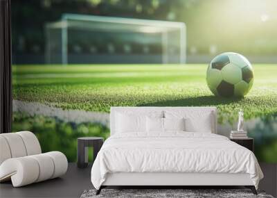 Textured soccer field with ball under sunlight at midfield Wall mural