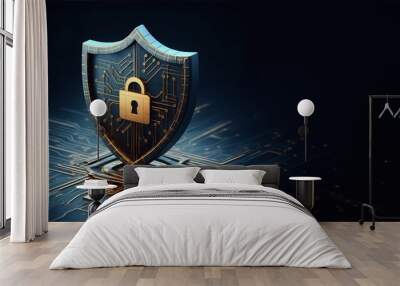 3D Padlock cyber security password antivirus shield technology background for antihacking computer safety Wall mural