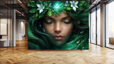 A beautiful woman with long green hair and a flower crown, her eyes closed in peaceful contemplation. Wall mural