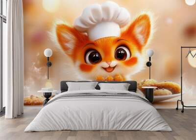 A cute orange and white kitten wearing a chef's hat looks at a plate of freshly baked cookies. Wall mural