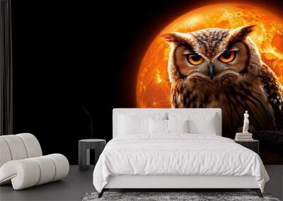 A majestic owl with piercing eyes perches on a branch in front of a fiery orange moon. Wall mural