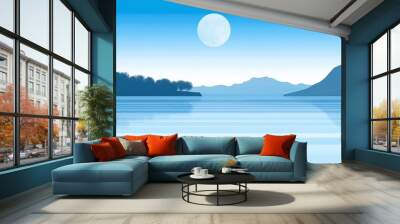 A serene blue landscape featuring a full moon over calm waters reflecting distant mountains. Wall mural