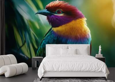 A vibrant, colorful bird with a red, purple, yellow, and blue plumage perches on a branch. Wall mural