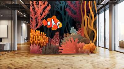 A vibrant orange clownfish swims amidst colorful coral in a lively underwater scene. Wall mural