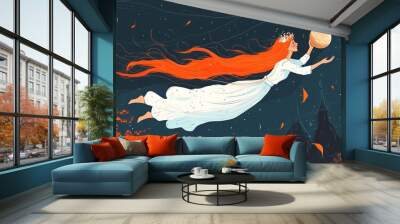 A woman with long red hair floats through the night sky holding a large glowing orb. Wall mural