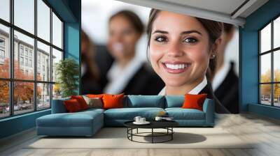 A young woman in a business suit smiles confidently at the camera. Wall mural