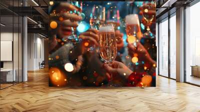 Friends celebrate with a champagne toast, surrounded by sparkling lights and festive atmosphere. Wall mural