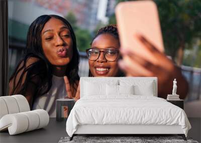 two funny young black women taking a selfie Wall mural