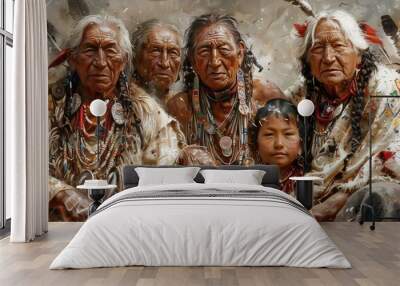 Portrait of a multicultural group of Native American elders and a child adorned in traditional attire and ceremonial feathers. Wall mural