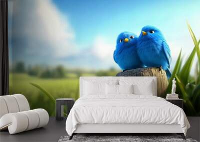 Two blue birds perched on a wooden fence post, enjoying the sunny day. Wall mural