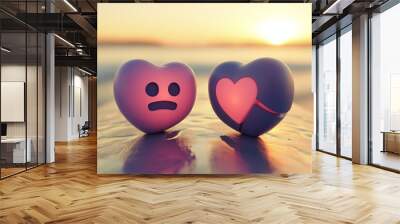 Two heart-shaped objects, one with a sad face and one with a heart inside, sit on a sandy beach at sunset. Wall mural