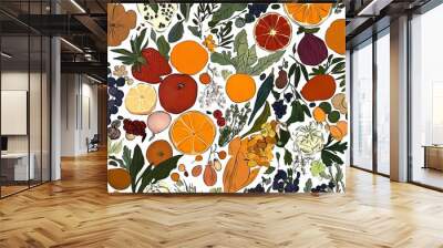 Vibrant fruits and vegetables arranged in a colorful and artistic pattern. Wall mural