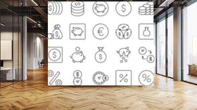 Piggy Bank, Dollar, Coin, Percent Line Icon Pack. Editable Stroke. Minimalistic Linear Pictogram for Design of Cards, Apps, Banners, Posts Wall mural