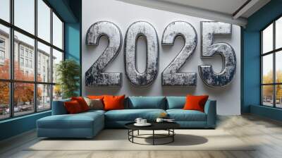 Bold metallic numbers 2025 against a white background creating a modern and minimalist look suitable for various design uses Wall mural