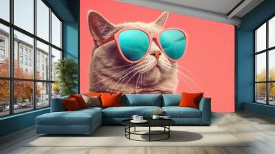 Illustration of a stylish cat wearing green sunglasses with orange frames on an orange background with copy space Wall mural