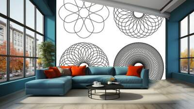 Collection of 4 black line spirograph abstract elements - 4 different geometric ornaments flower like, symmetry, isolated on white Wall mural