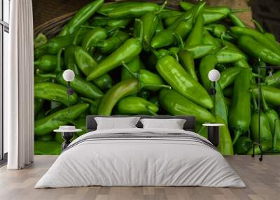 Numex Big Jim green chile peppers, whole. New Mexico pod type (Capsicum annuum). top view. Wall mural