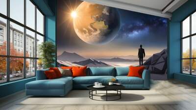 Man watching moon dark background Wall mural