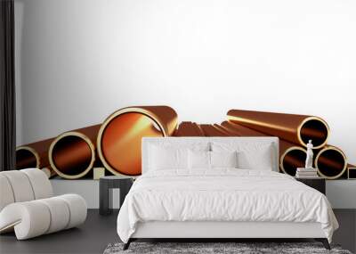 Copper tubes and pipes of various shapes isolated on a white background Wall mural