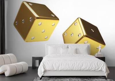 Golden dice cubes isolated on white background Wall mural