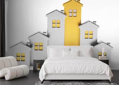 Silver and golden houses in the form of a graph and pile of coins isolated on white background Wall mural