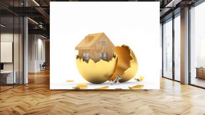 Wooden house icon inside on broken golden Easter egg shell isolated on a white background. 3D illustration Wall mural