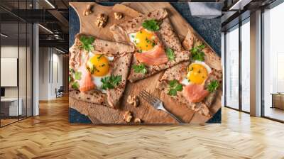 Crepes with eggs, salmon, spinach and nuts. Traditional dish galette sarrasin or buckwheat crepe, french brittany cuisine. Wall mural