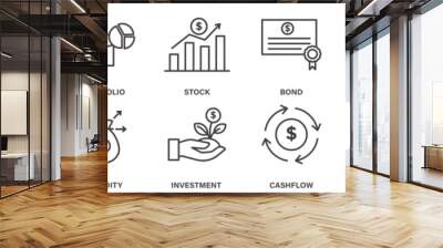 Investment Icon Set with Portfolio, Stock, and Financial Symbols in Outline Style Wall mural