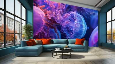 jellyfishs are swimming in a tank with a purple background Wall mural