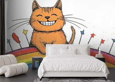 A cheerful orange cat sits on a colorful rainbow, exuding joy and happiness in a whimsical, playful illustration. Wall mural