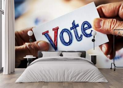 A close-up of hands holding a card with the word 'Vote' prominently displayed, symbolizing civic engagement and participation. Wall mural