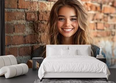 A joyful young woman stands against a brick wall, holding books, showcasing a love for reading and learning. Wall mural