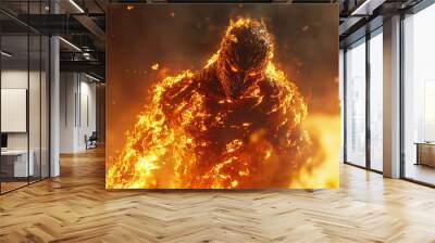 Illustrate a distant view of a character writhing in agony, surrounded by flames of searing heat Render the burning sensation with vivid detail using CG 3D Wall mural