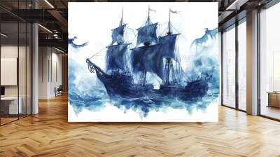 Pirate ship under attack by ghostly sea creatures, eerie ocean, Watercolor style, isolated on white background Wall mural