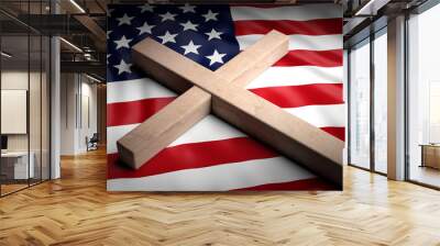  Christian cross on American flag background. 3d illustration Wall mural